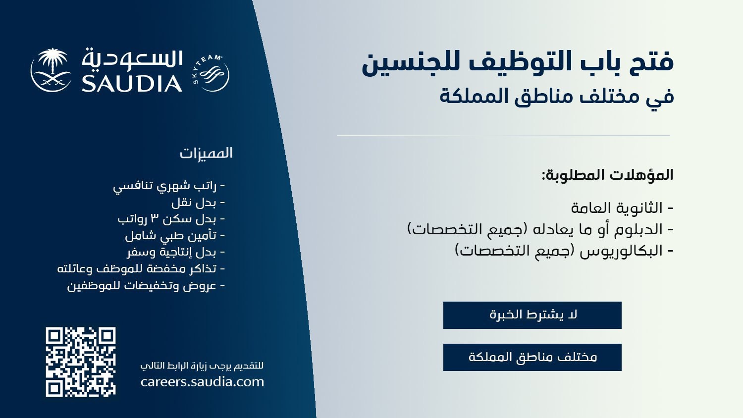 بمزايا عالية لجميع المؤهلات والتخصصات وظائف شاغرة تطرحها الخطوط الجوية #السعودية 